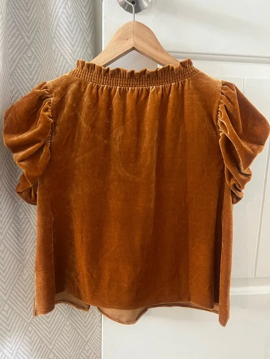 Free People Velvet Puff-Sleeve Top in Rust Brown - Picture 2 of 3